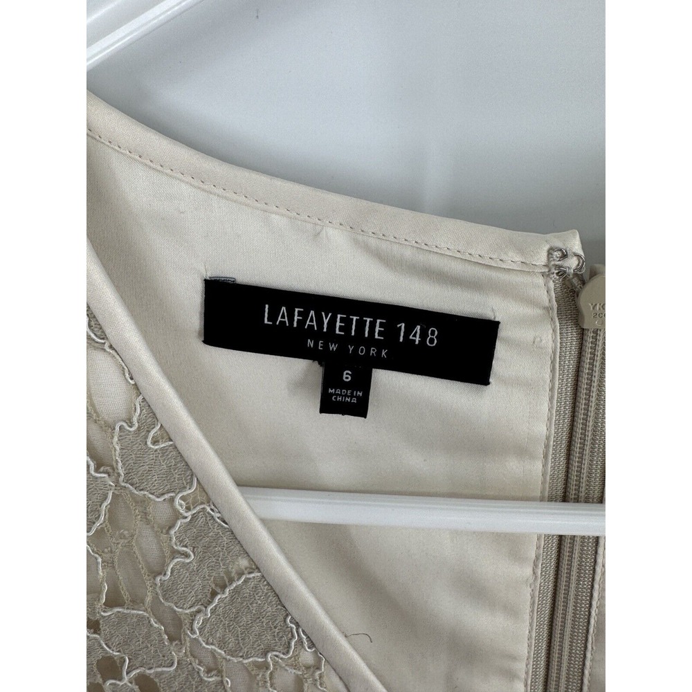 Lafayette 148 New York Women's Sleeveless V Neck Lace Overlay Dress 6 Bone Cream - Picture 5 of 8